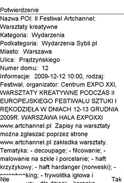 Ekran z opisem POI wydarzenia, festiwal Artchannel