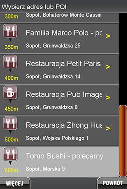 POI Explorer - wynik wyszukiwania POI - restauracja
