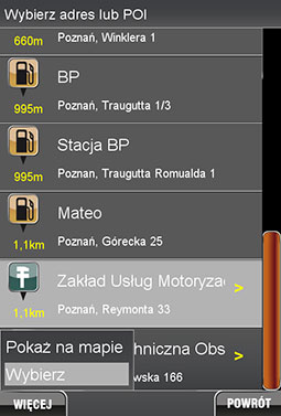 POI Explorer - wynik wyszukiwania POI - motoryzacja