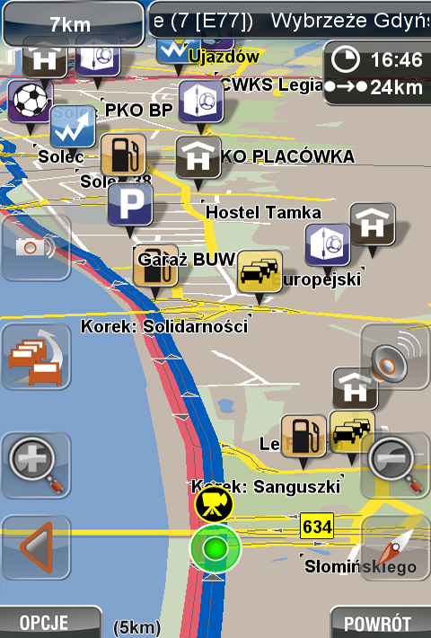 NaviExpert 5.1 - Widok trasy w trybie nawigacji z POI(ciekawe miejsca, korki, kontrole drogowe)