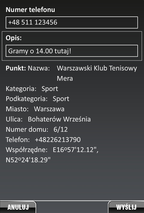 NaviExpert 5.1 - Wysyłanie punktu GPS/koordynaty - Klub Tenisowy Mera Warszawa